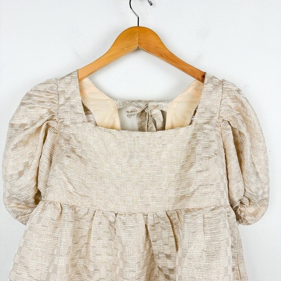 NWT Jacquie The Label Metallic Gold Puff Sleeve Babydoll Dress Sz L - Picture 5 of 12